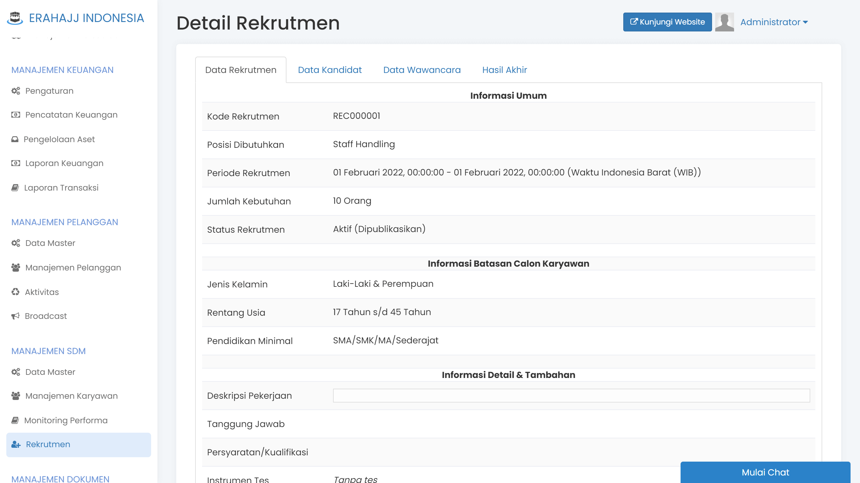 Layar rekrutmen dan psikotes online di HRIS Erahajj