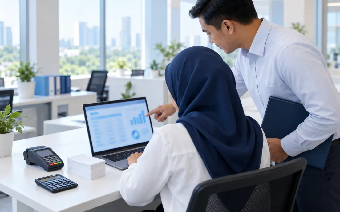 Tim keuangan travel mencocokkan pembayaran jamaah di laptop